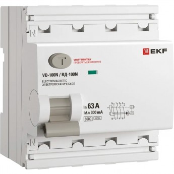 Выключатель дифференциального тока EKF ВД-100N 4P 63А 300мА A эл-мех 6кА PROXIMA E1046MA63300 Выключатель дифференциального тока EKF ВД-100N 4P 63А 300мА A эл-мех 6кА PROXIMA E1046MA63300